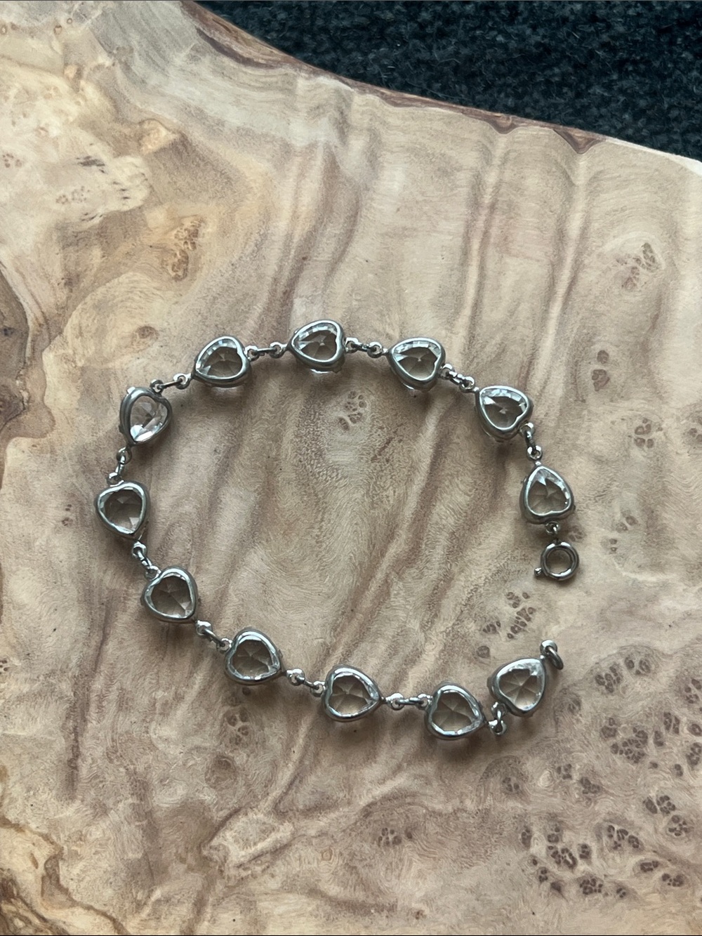 Vintage Sterling Silver Heart Link Bracelet with Clear Stones. Delicate, small